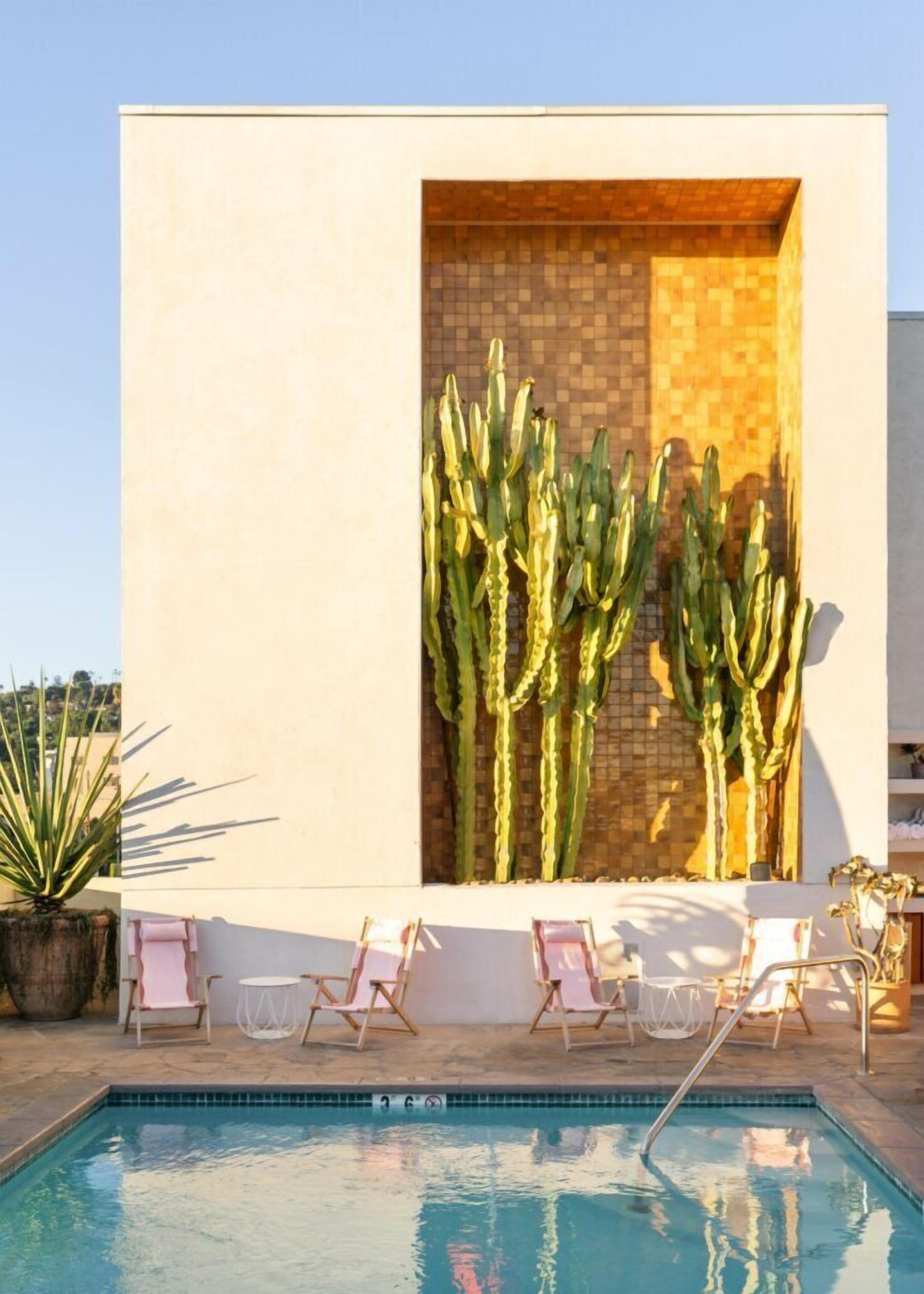 Outdoor pool, pool umbrellas, sun loungers