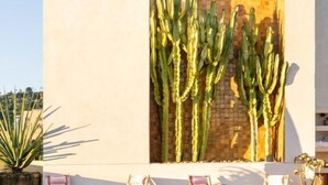 A pool area with a modern design, featuring a cactus wall and lounge chairs. - Silver Lake Pool & Inn (Los Angeles)