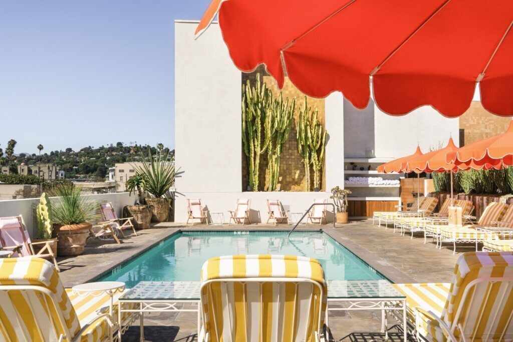 Outdoor pool, pool umbrellas, pool loungers