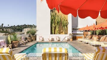 Outdoor pool, pool umbrellas, pool loungers