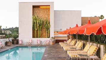 Outdoor pool, pool umbrellas, pool loungers
