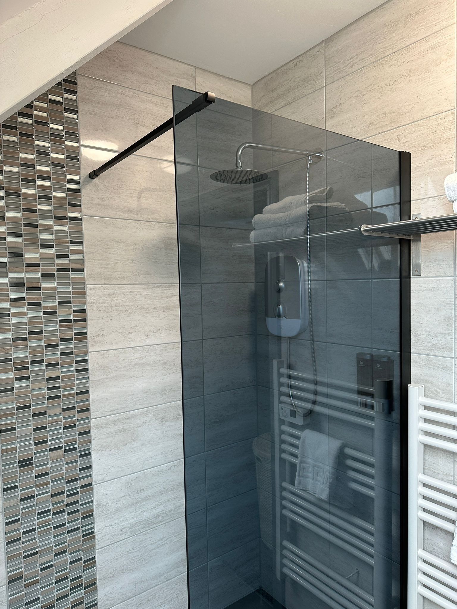 Une douche moderne dotée d’une porte en verre, d’un porte-serviettes et d’un radiateur intégré.