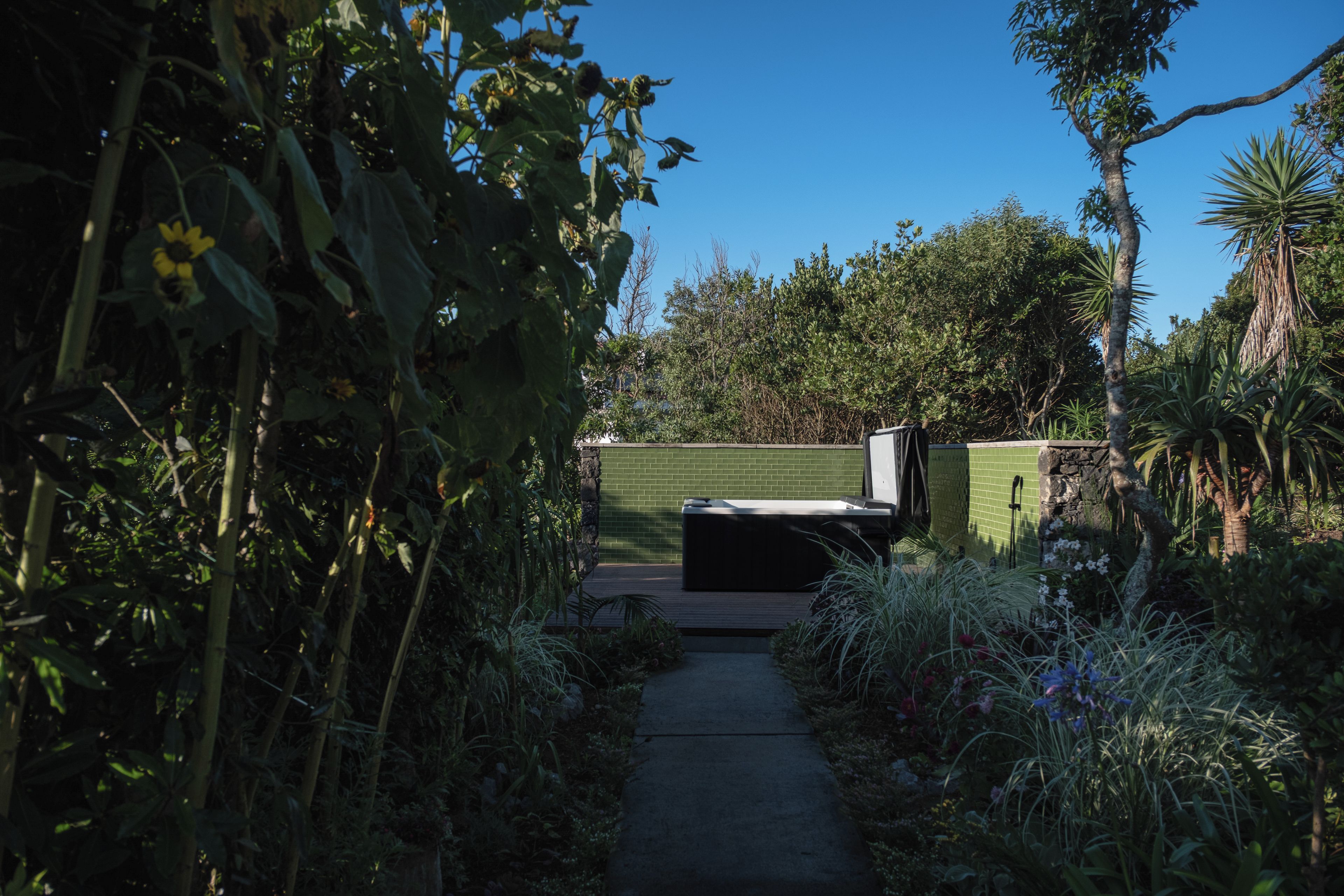 Ein Gartenweg führt zu einem Bereich mit Whirlpool, einer grünen Wand und einer Steinstruktur.
