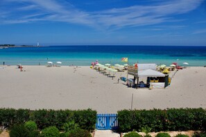On the beach, sun-loungers