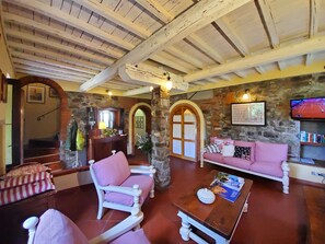 Een smart-tv, een open haard en boeken