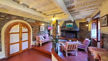 Smart TV, caminetto, libri