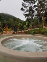 A hot tub surrounded by lush greenery and a mountainous backdrop.