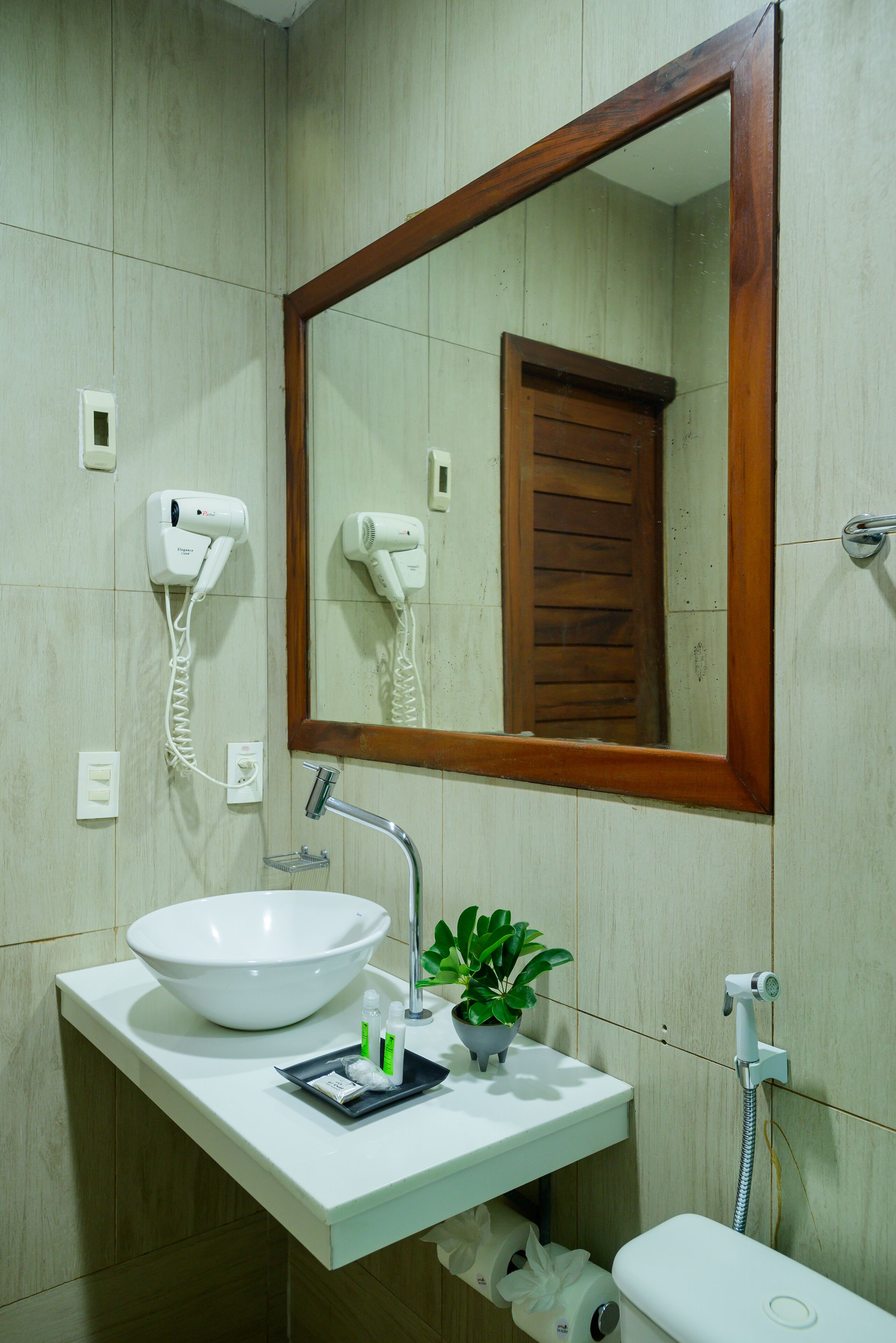 A bathroom with a white sink, a mirror with a wooden frame, a hairdryer, and a small potted plant.