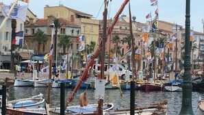 A marina with various boats docked, surrounded by buildings with multiple flags. - Beautiful T2 apartment in residence standing with pool facing the sea (Six-Fours-les-Plages)