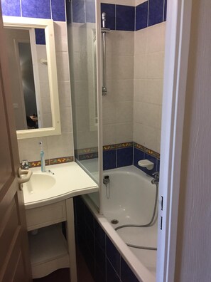 Baignoire, séchoir à cheveux, papier de toilette