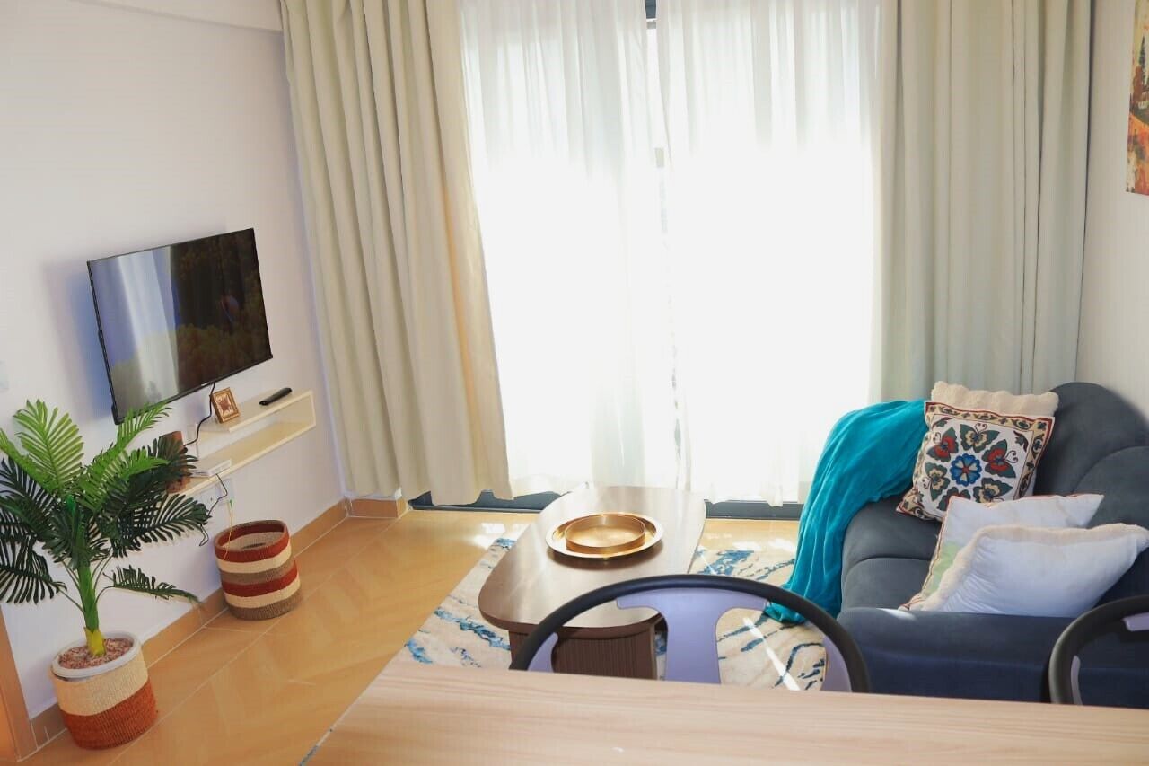 A living room with a flat-screen TV, a sofa, a coffee table, a potted plant, and a window with curtains.