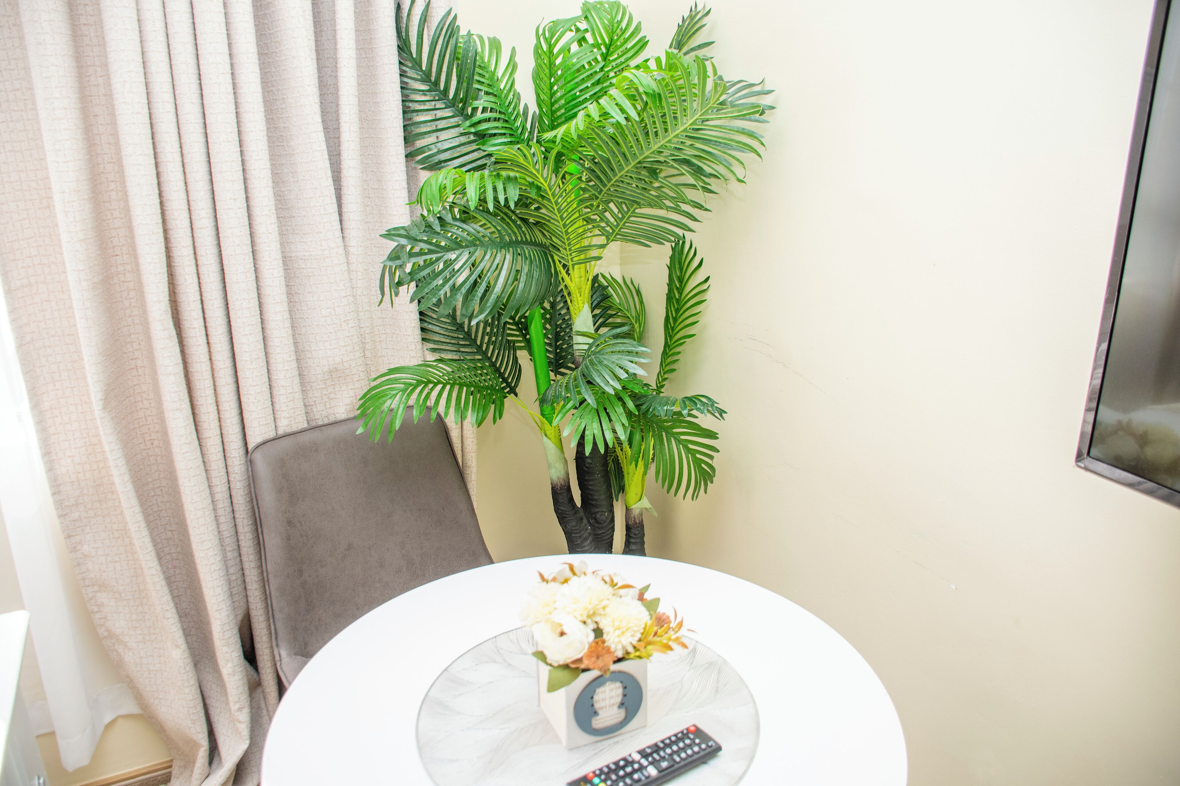 A room with a round table, a potted plant, a remote control, and a chair.