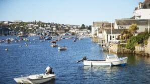 Un puerto con barcos y un pueblo costero al fondo.