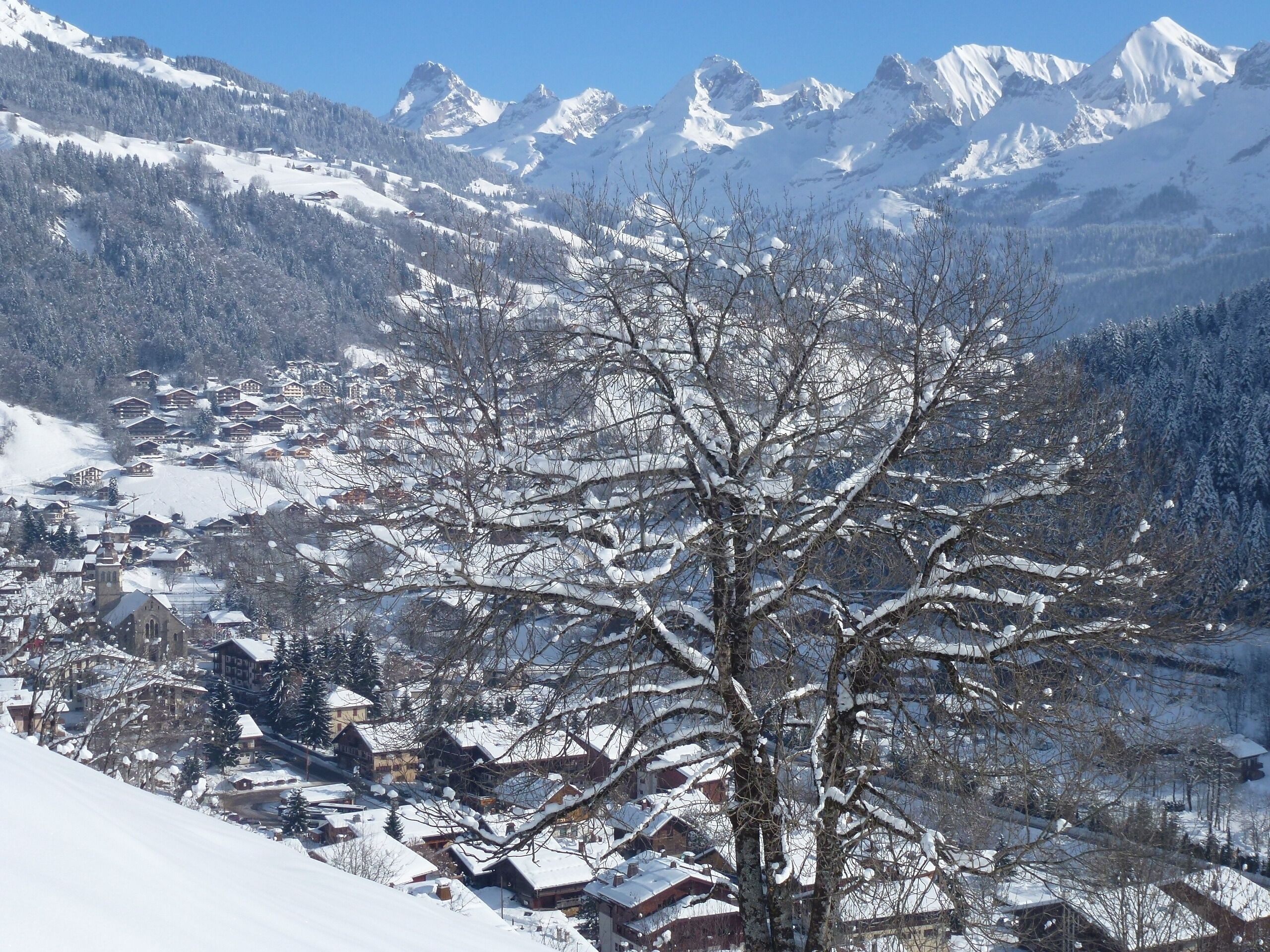 Un village enneigé, avec ses maisons traditionnelles en bois et son église imposante.