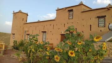 Traditional building with a flat roof and decorative windows, set amidst a serene garden with sunflowers.