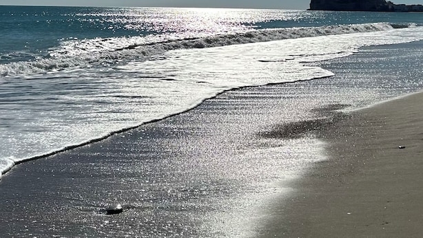 Ein Strand mit Wellen, blauem Himmel und einer entfernten Insel.