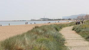 En sandstrand med en træpromenade der fører ned til vandet, omgivet af græsbeklædte klitter.