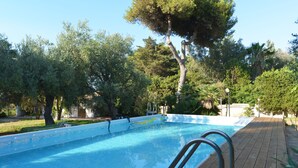 A swimming pool with a wooden deck, surrounded by trees and greenery. - Villa in dream location with private pool right by the sea (Siracusa)