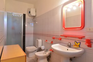 Shower, hair dryer, bidet, towels