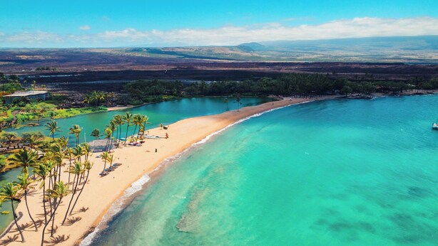 Vista aérea de una playa con aguas turquesas cristalinas, una orilla arenosa y palmeras.