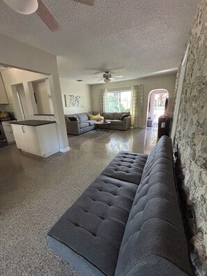Smart TV, fireplace, books, stereo