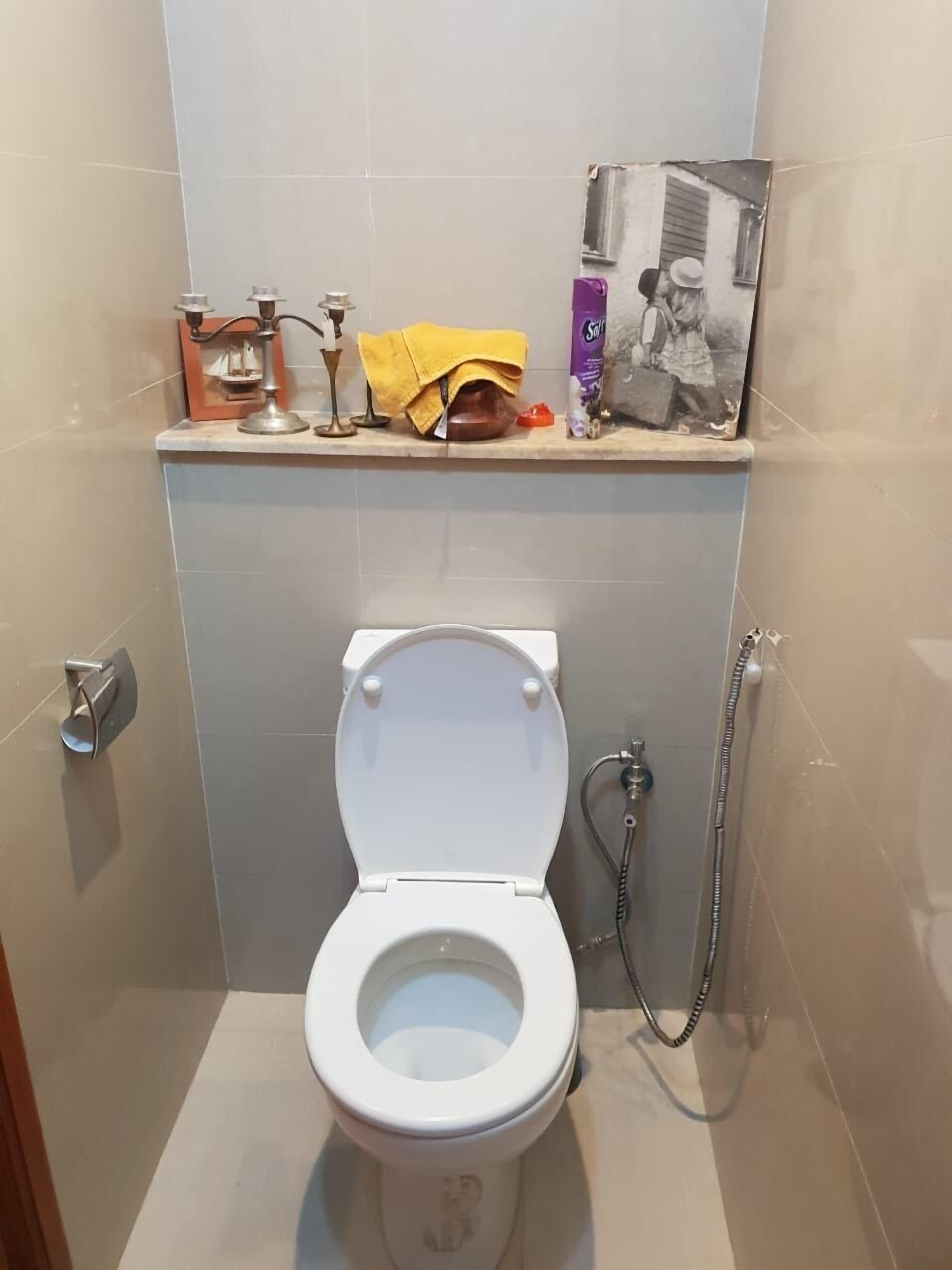 Une petite salle de bain comprenant des toilettes, une étagère avec des articles de toilette et une douche.