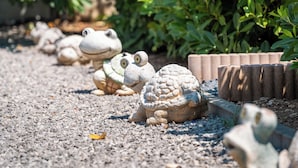 A pathway lined with stone frog sculptures in a garden setting.