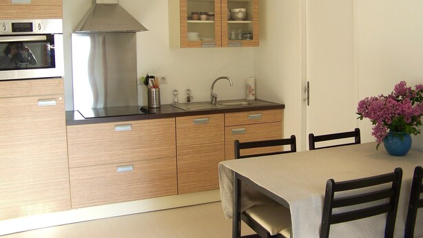 A modern kitchen with wooden cabinets, a stainless steel range hood, and a built-in oven. - DETACHED APARTMENT IN ANNECY'S HISTORICAL CENTER WITH PRIVATE GARDEN (Annecy)