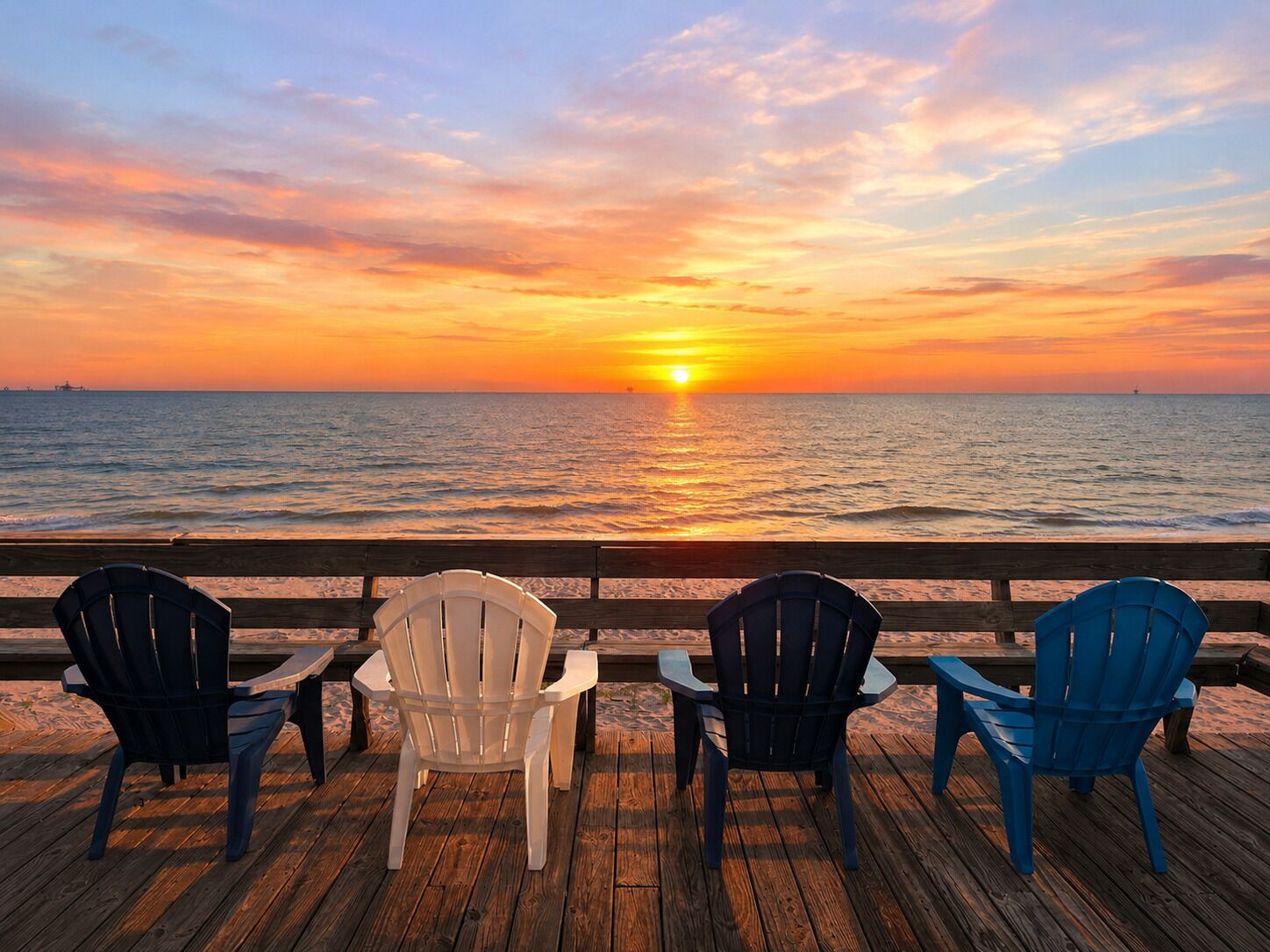 A wooden deck with four Adirondack chairs facing a sunset over the ocean.