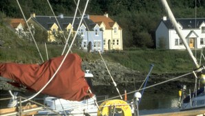 Eine Küstenlandschaft mit Häusern und Booten.