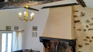 Un salon chaleureux avec une cheminée en pierre, un canapé sombre et un lustre.