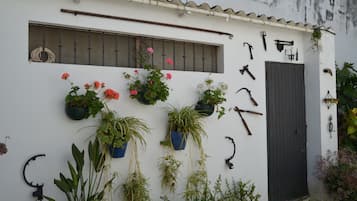 A white building with a window, a door, and various plants and tools hanging on the wall.