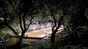 Vista nocturna de un parque con un sendero pavimentado, árboles y una estructura de piedra.