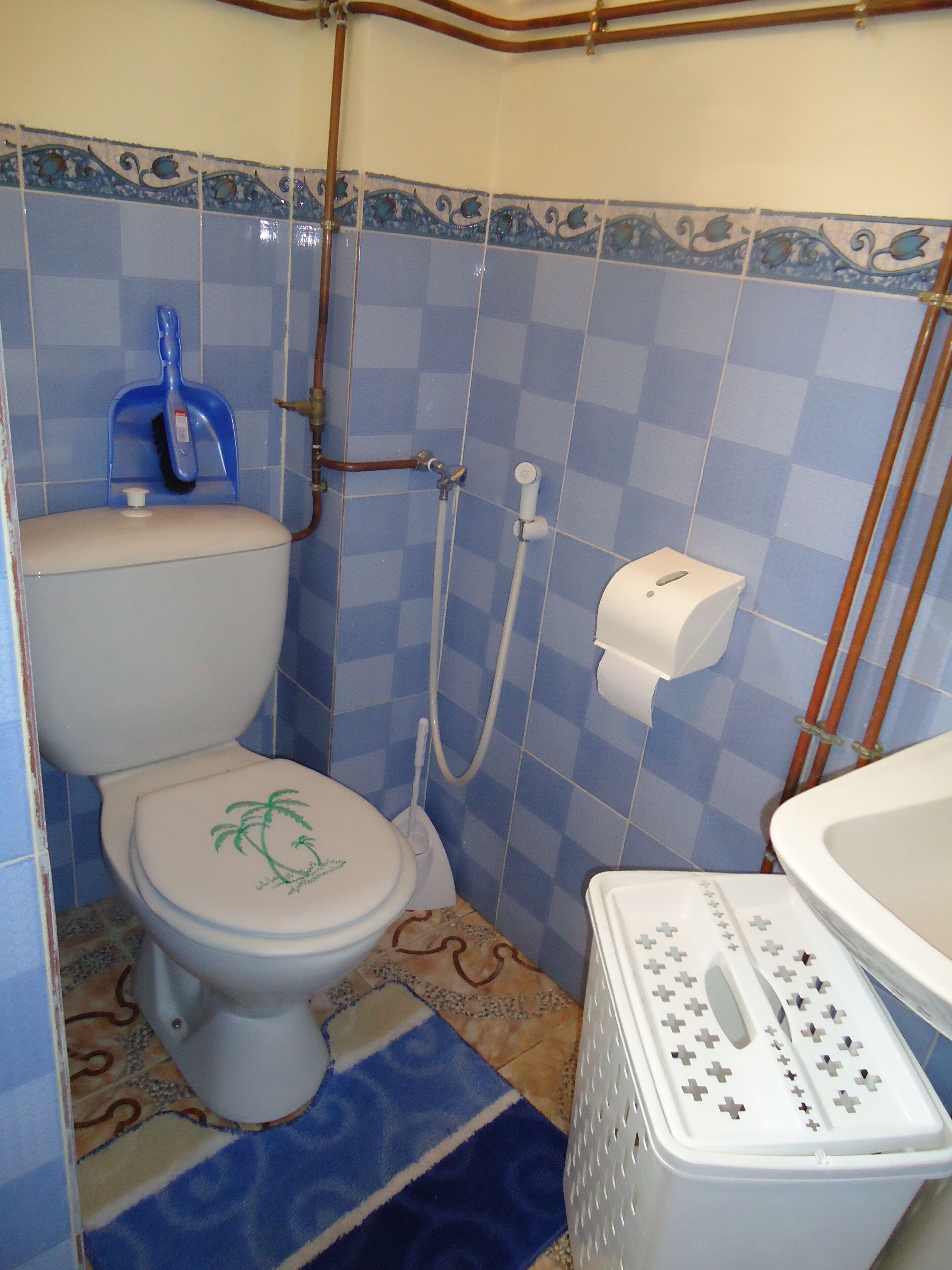 Un bagno con il water, la doccia e il lavandino.