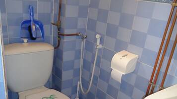 Un bagno con il water, la doccia e il lavandino.