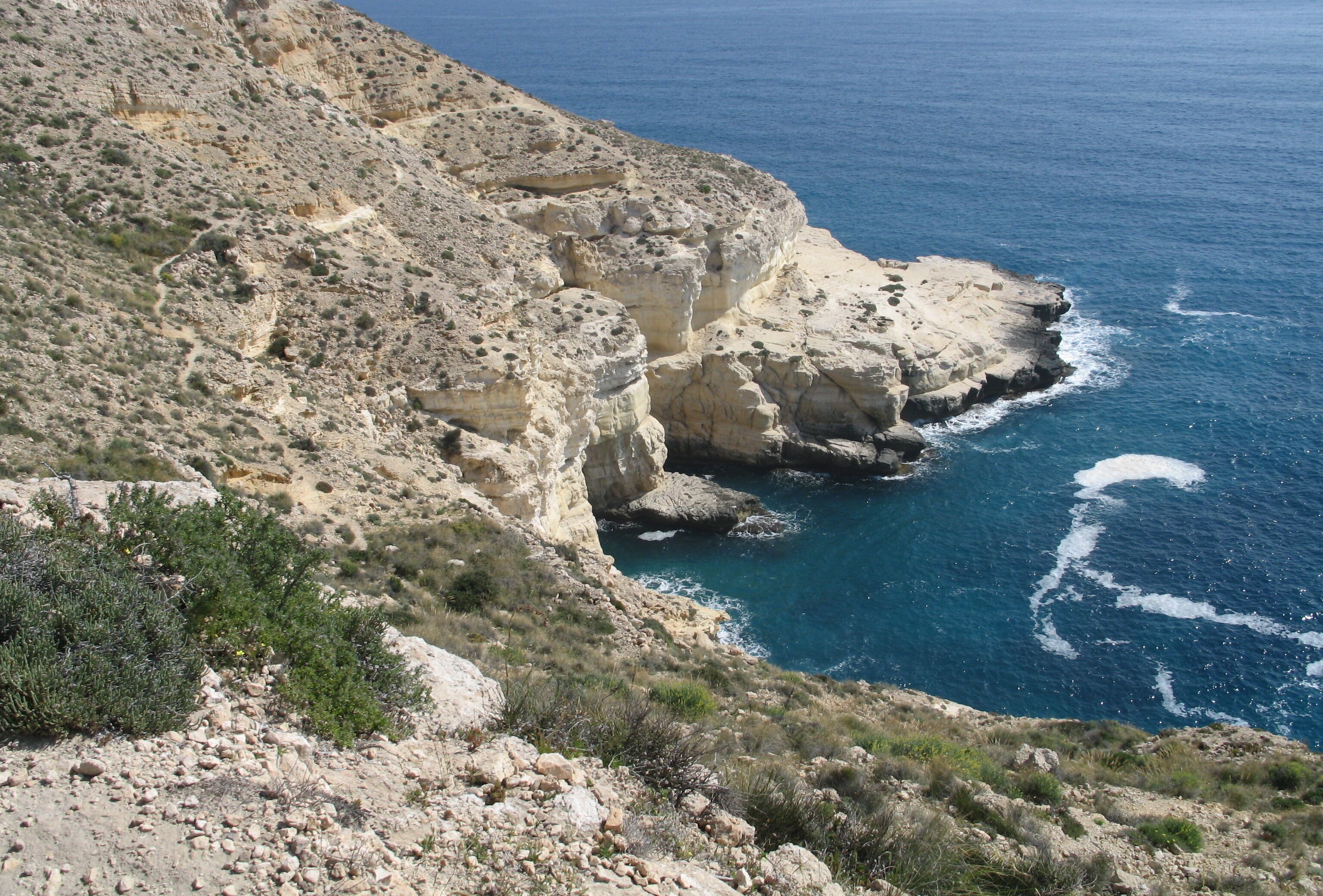 A rocky coastline with cliffs and sparse vegetation.