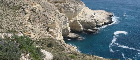 A rocky coastline with cliffs and sparse vegetation.