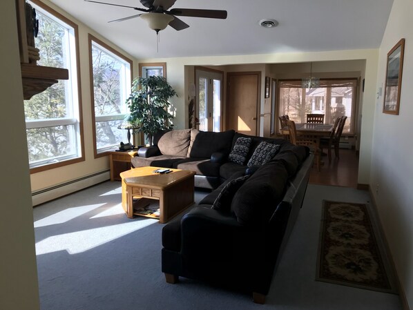 Smart TV, fireplace, DVD player, foosball