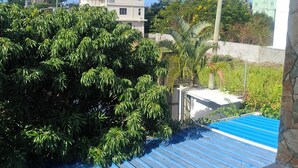 Zona residencial con un edificio de techo azul, un muro blanco y un árbol en primer plano.