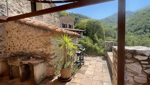 Un edificio de piedra con un patio empedrado, una parrilla y una planta en maceta.