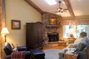 Smart TV, fireplace, books, stereo