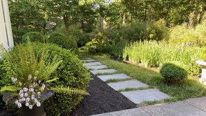 Un chemin de jardin bordé d’une plante en pot et d’un petit arbuste.