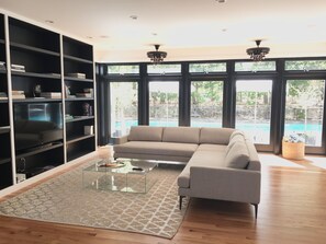 Smart TV, fireplace, books, music library