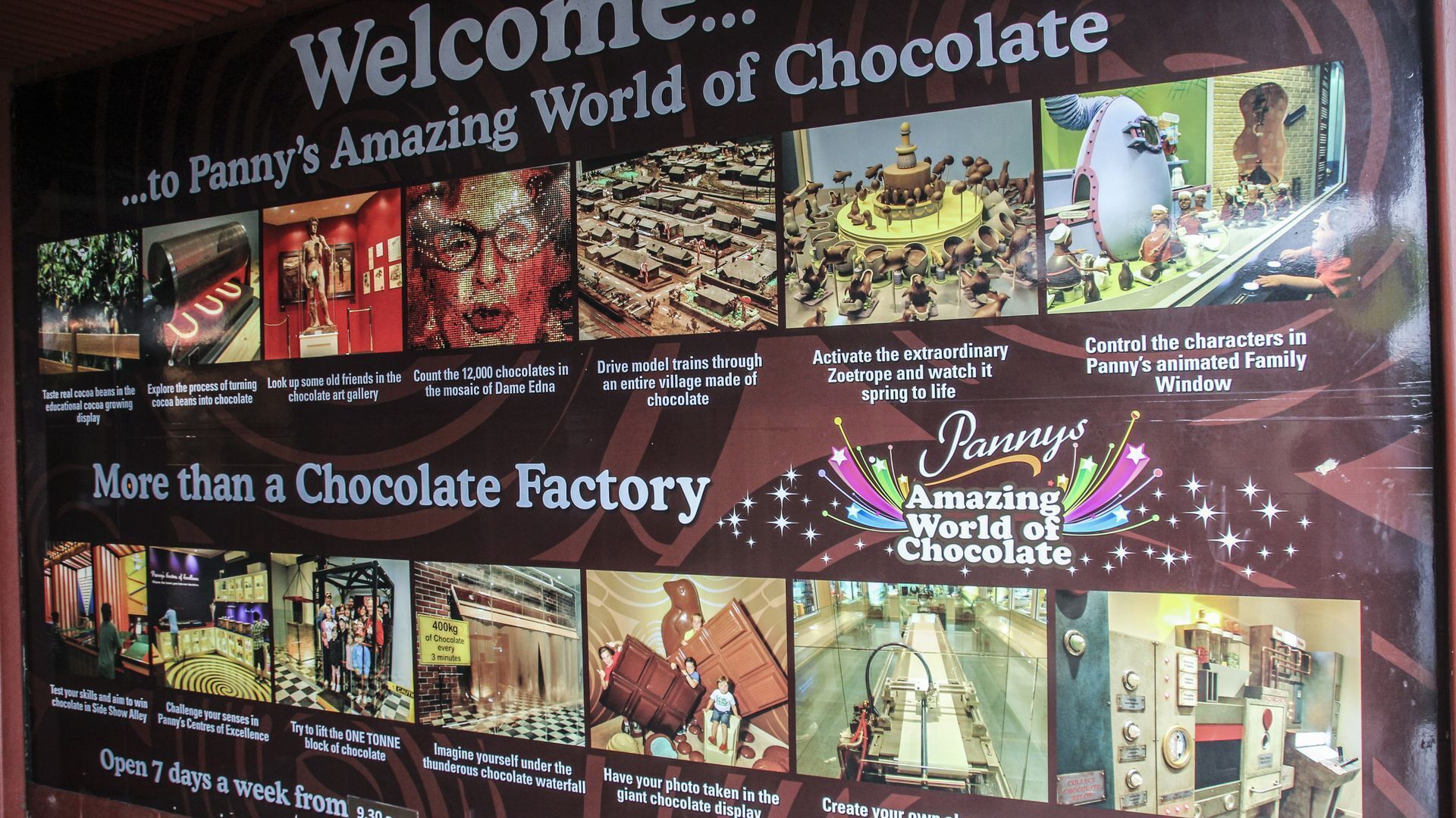 A promotional display for Panny's Amazing World of Chocolate, featuring various chocolate-themed attractions and activities.