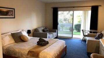 1 bedroom, desk, iron/ironing board, travel cot