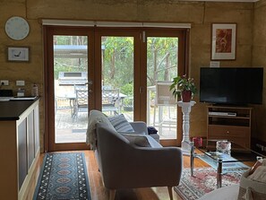 Smart TV, fireplace, DVD player, video library