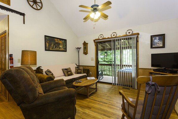 Smart TV, fireplace, books