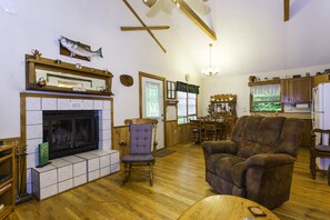 Smart TV, fireplace, books