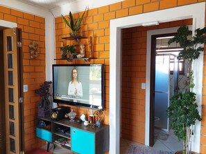 Smart TV, livros, aparelho de som