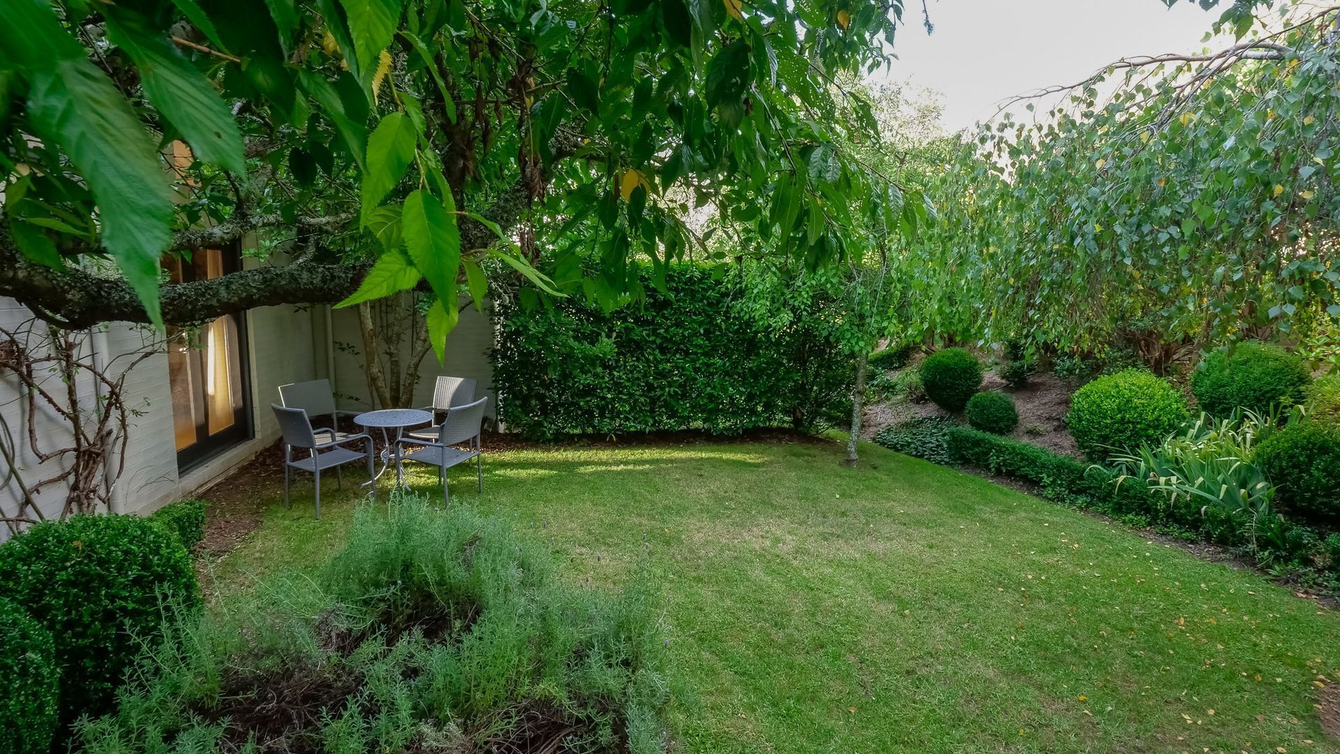A well-maintained garden with a seating area, neatly trimmed hedges, and a variety of plants.